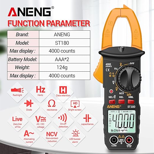 T180 4000 Counts Digital Clamp Meter Multimeter Clamp Multimeter Voltmeter Ammeter AC DC Voltage AC Current Meter NCV Tester Universal Meter Tester Current Yellow