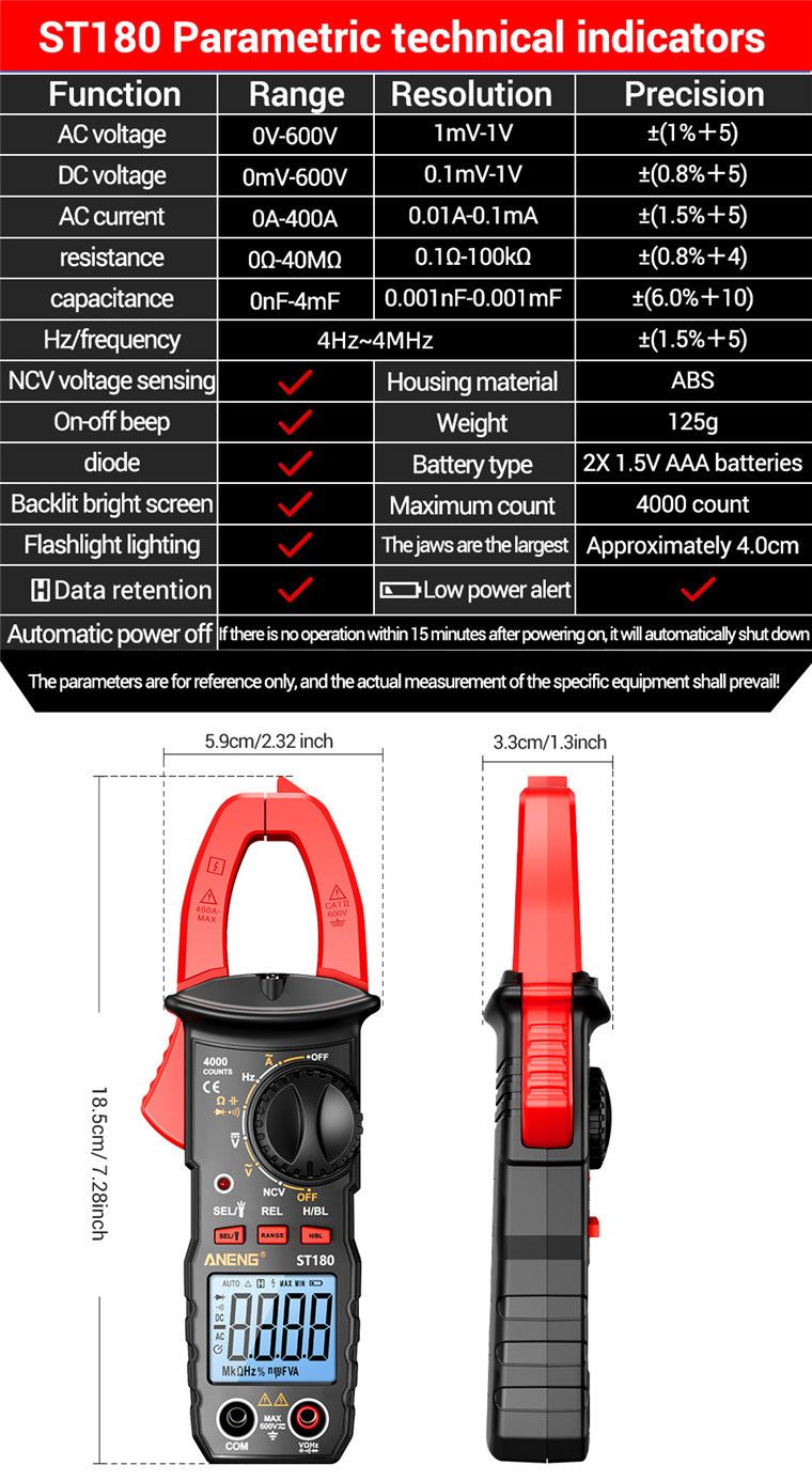 T180 4000 Counts Digital Clamp Meter Multimeter Clamp Multimeter Voltmeter Ammeter AC DC Voltage AC Current Meter NCV Tester Universal Meter Tester Current Yellow