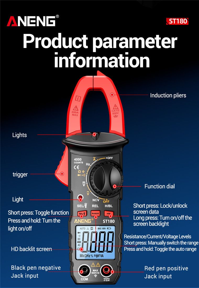T180 4000 Counts Digital Clamp Meter Multimeter Clamp Multimeter Voltmeter Ammeter AC DC Voltage AC Current Meter NCV Tester Universal Meter Tester Current Yellow