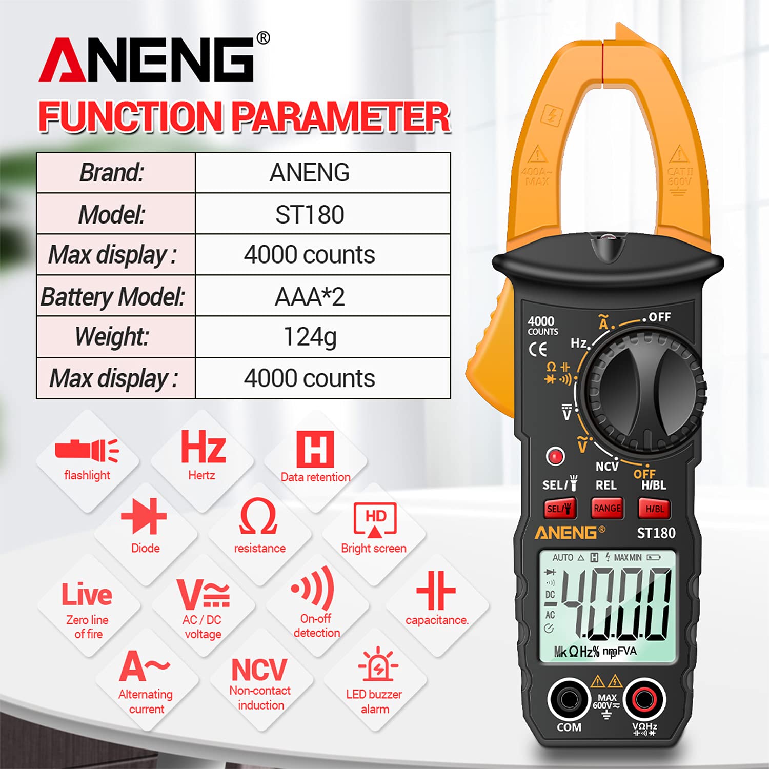 T180 4000 Counts Digital Clamp Meter Multimeter Clamp Multimeter Voltmeter Ammeter AC DC Voltage AC Current Meter NCV Tester Universal Meter Tester Current Yellow