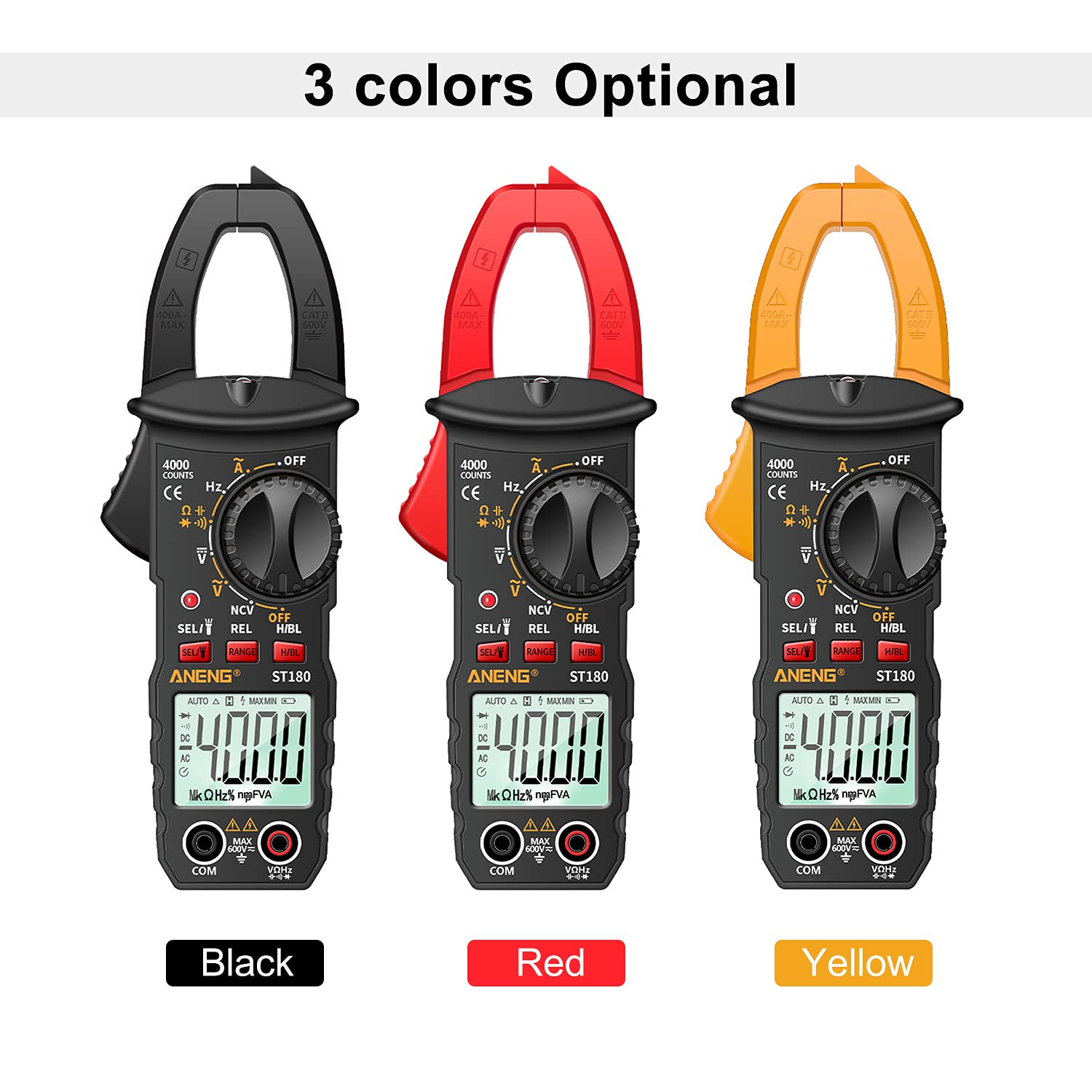 T180 4000 Counts Digital Clamp Meter Multimeter Clamp Multimeter Voltmeter Ammeter AC DC Voltage AC Current Meter NCV Tester Universal Meter Tester Current Yellow