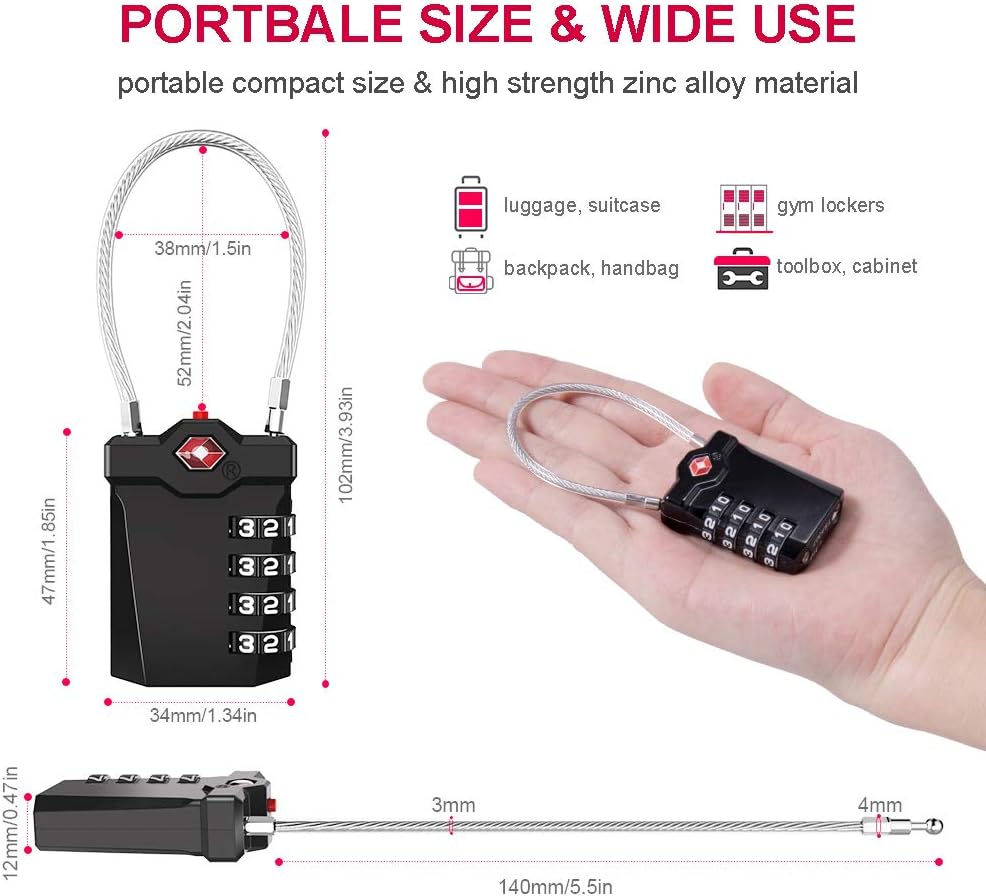 TSA Approved Luggage Locks, 4 Digit Combination Travel Locks Resettable Code Lock with Zinc Alloy Body for Suitcase, Toolbox, Backpack, Bag, Gym Locker