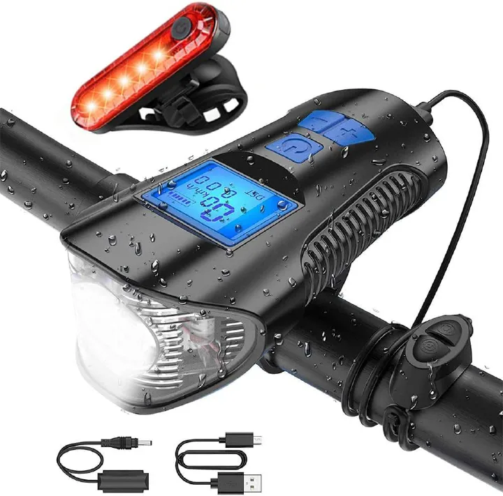 Bike Light Set,Bicycle Headlight with Horn and Speedometer Odometer,USB Rechargeable Bike Front Light and Tail Light,Fits All Mountain & Road Bike