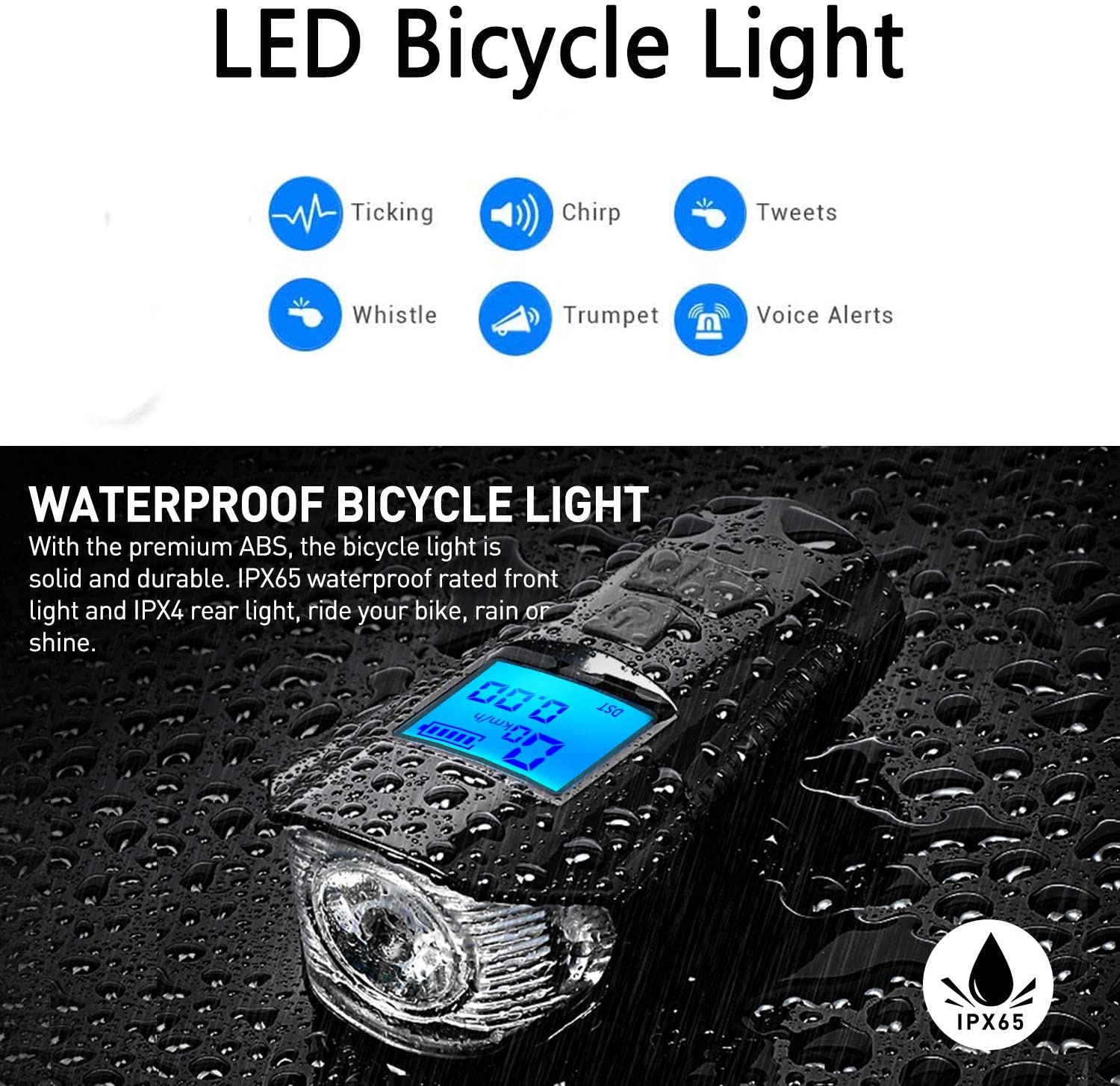 Bike Light Set,Bicycle Headlight with Horn and Speedometer Odometer,USB Rechargeable Bike Front Light and Tail Light,Fits All Mountain & Road Bike