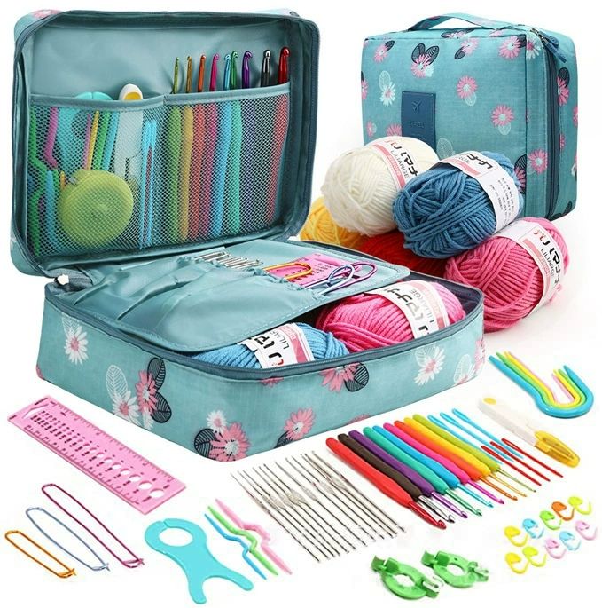 58pcs Crochet Kit Beginners, Crochet Hook Set with Yarn, Portable Crocheting Kit for Starter, Ergonomic Crochet Needles Tools DIY Knitting Accessories for Experienced Crochet Lovers