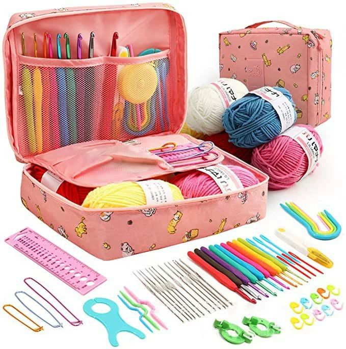 58pcs Crochet Kit Beginners, Crochet Hook Set with Yarn, Portable Crocheting Kit for Starter, Ergonomic Crochet Needles Tools DIY Knitting Accessories for Experienced Crochet Lovers