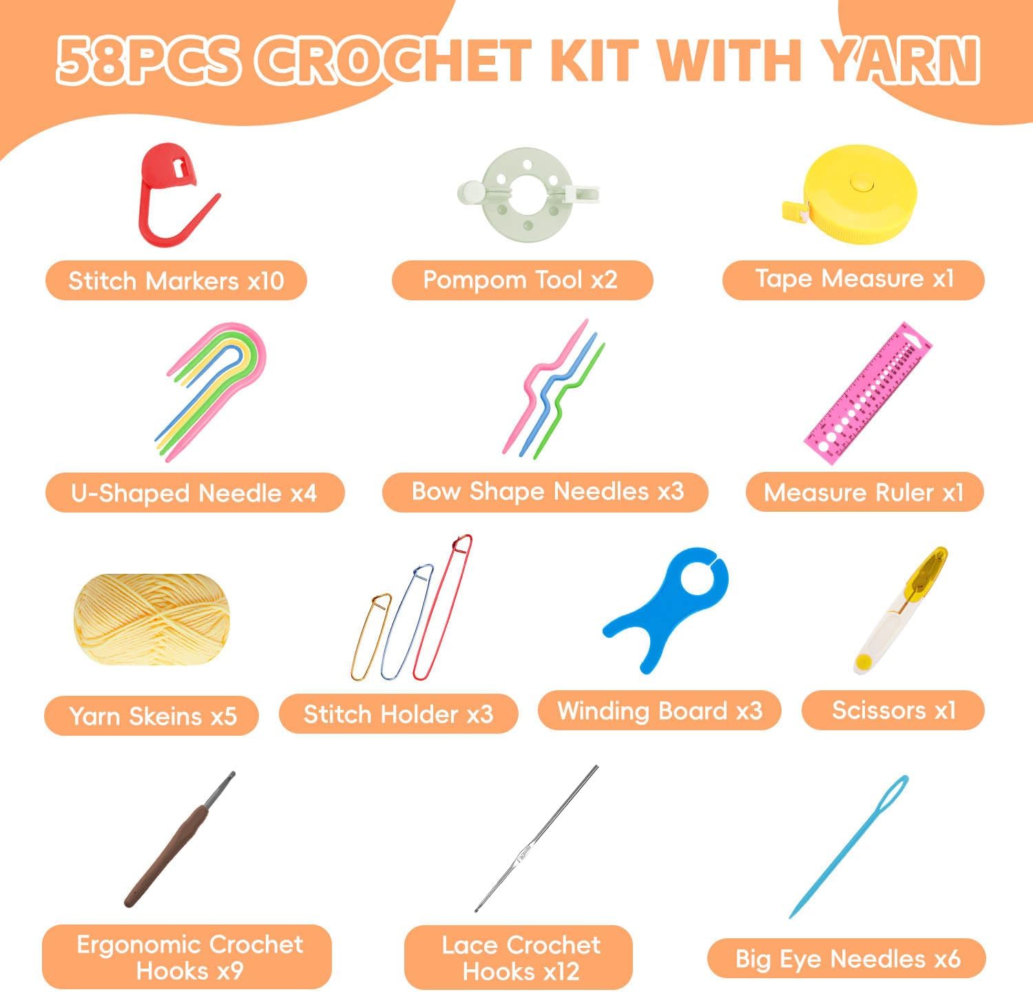 58pcs Crochet Kit Beginners, Crochet Hook Set with Yarn, Portable Crocheting Kit for Starter, Ergonomic Crochet Needles Tools DIY Knitting Accessories for Experienced Crochet Lovers