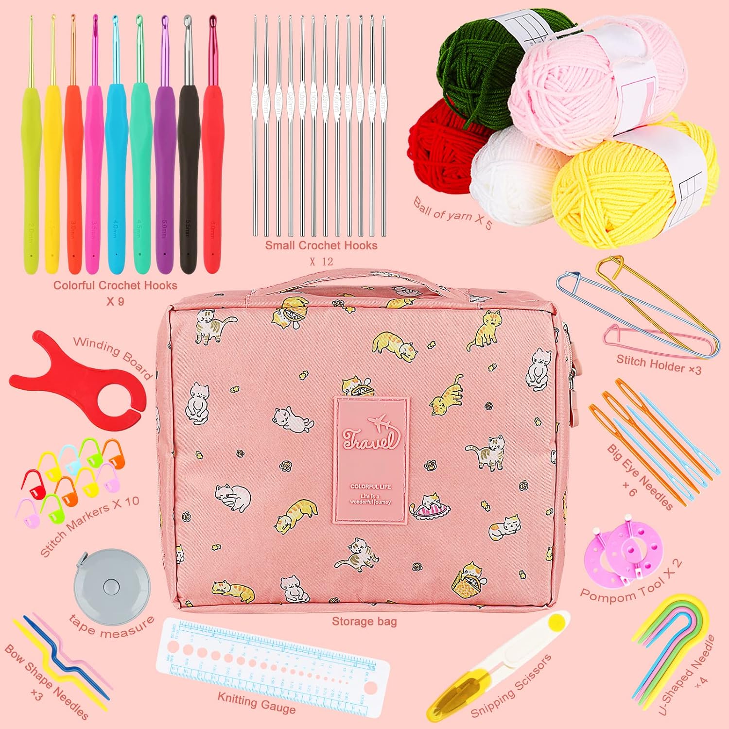 58pcs Crochet Kit Beginners, Crochet Hook Set with Yarn, Portable Crocheting Kit for Starter, Ergonomic Crochet Needles Tools DIY Knitting Accessories for Experienced Crochet Lovers