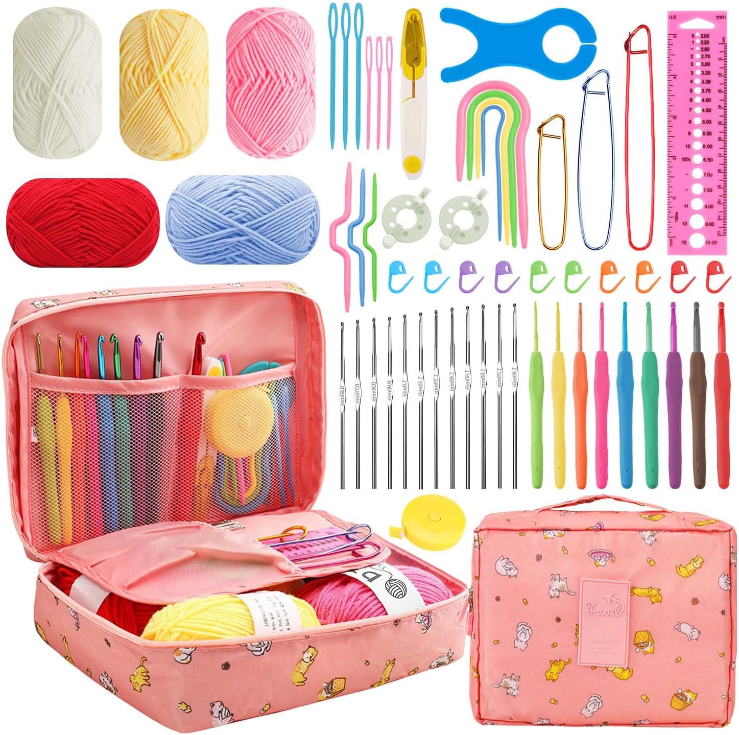 58pcs Crochet Kit Beginners, Crochet Hook Set with Yarn, Portable Crocheting Kit for Starter, Ergonomic Crochet Needles Tools DIY Knitting Accessories for Experienced Crochet Lovers