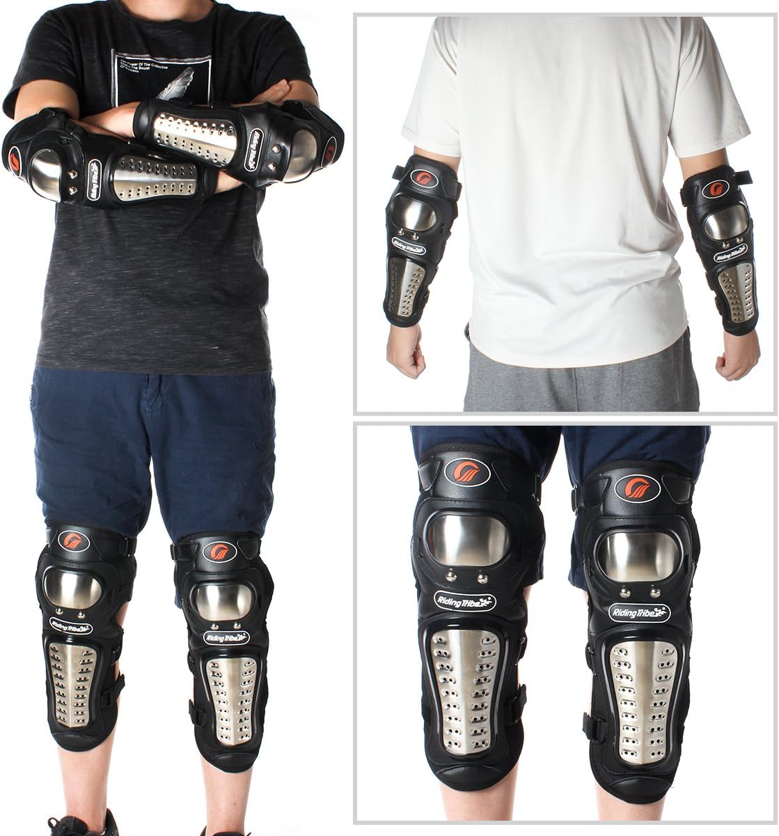 4PCS Knee Pads Elbow Pads Stainless Steel Motorcycle Elbow Knee Shin Guards Protector For Motorcycle Cycling Mountain Biking