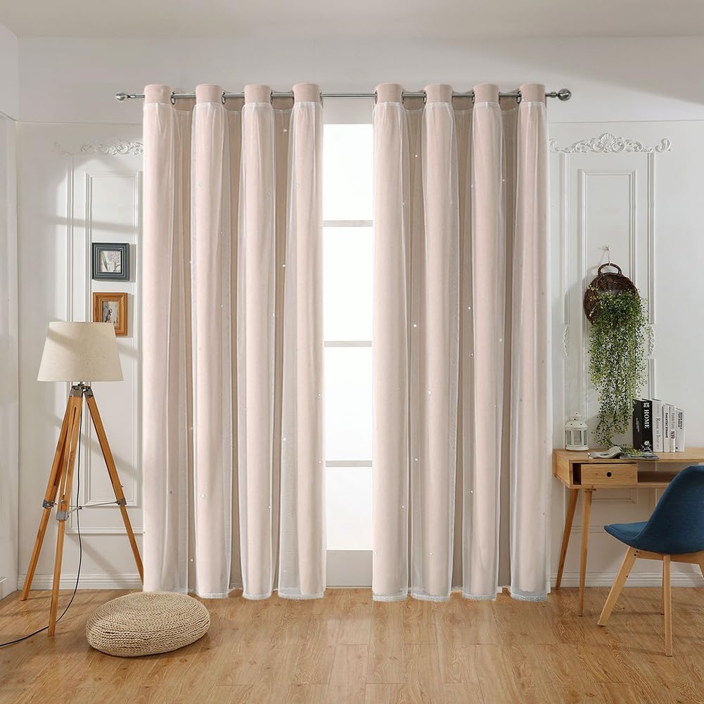 2pcs 150*250cm Decor Sheer Grommet Curtains Panel with Insulated Blackout Lining, Room Darkening Window Curtain Set