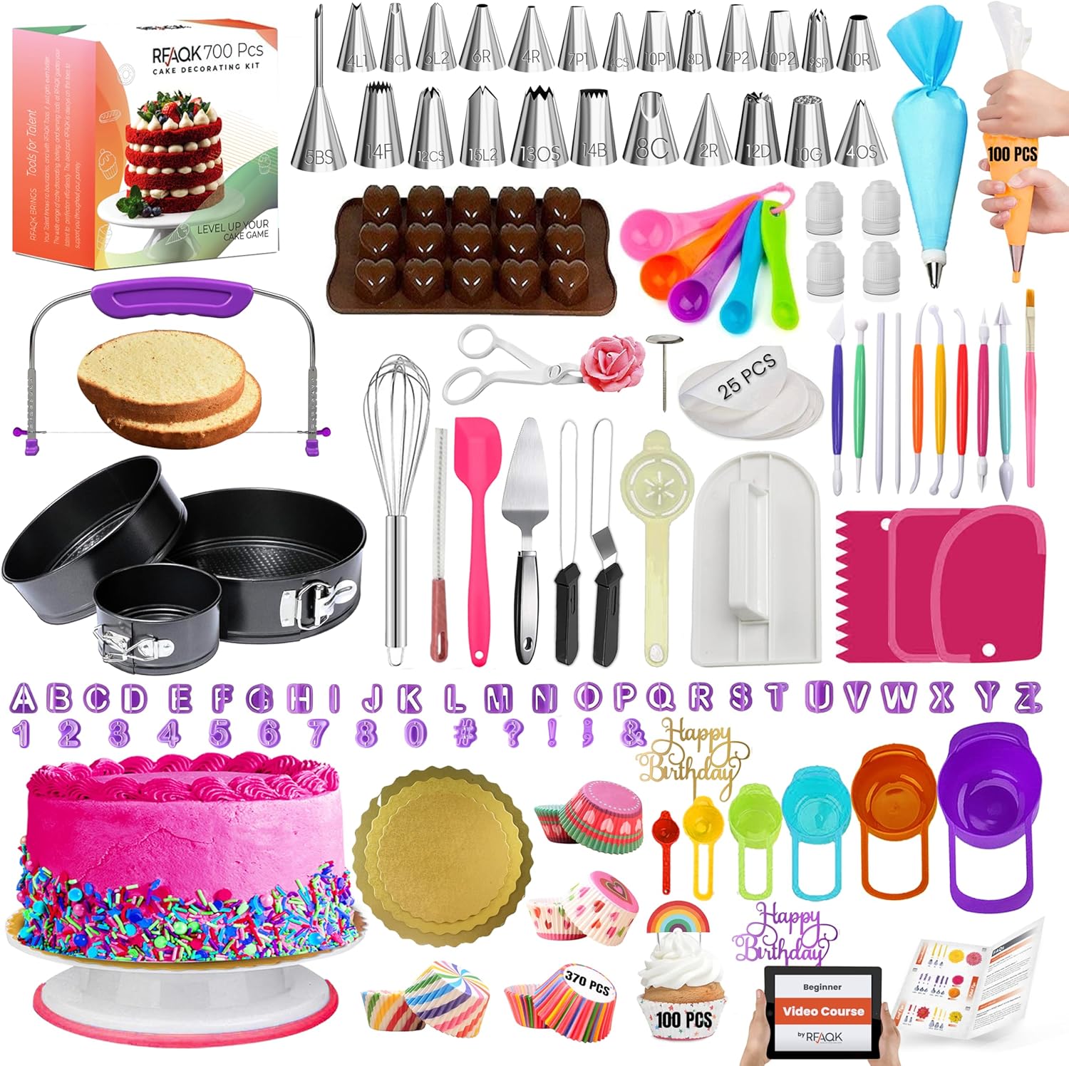 Cake Decorating Supplies, 700PCs Cake Decorating Kit 3 Springform Cake Pans, Cake Turntable, Numbered Piping Icing Tips, Chocolate Mold,Leveler, Baking Supplies Cupcake Liner & more Baking Stuff