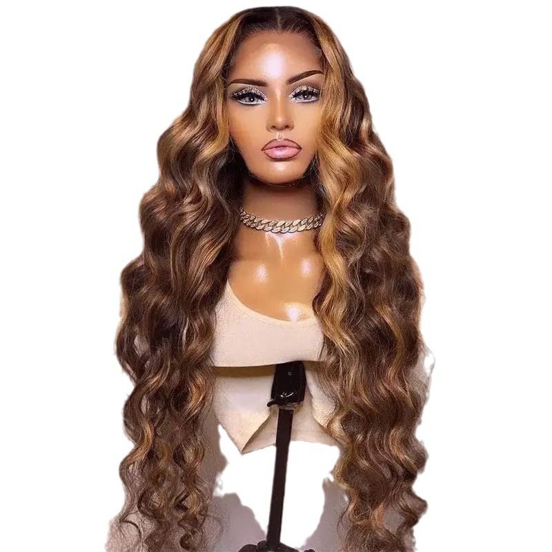HX-M1504-Brown gradient gold front lace large wavy curly rose net synthetic headband, European and American fashionable women's wig