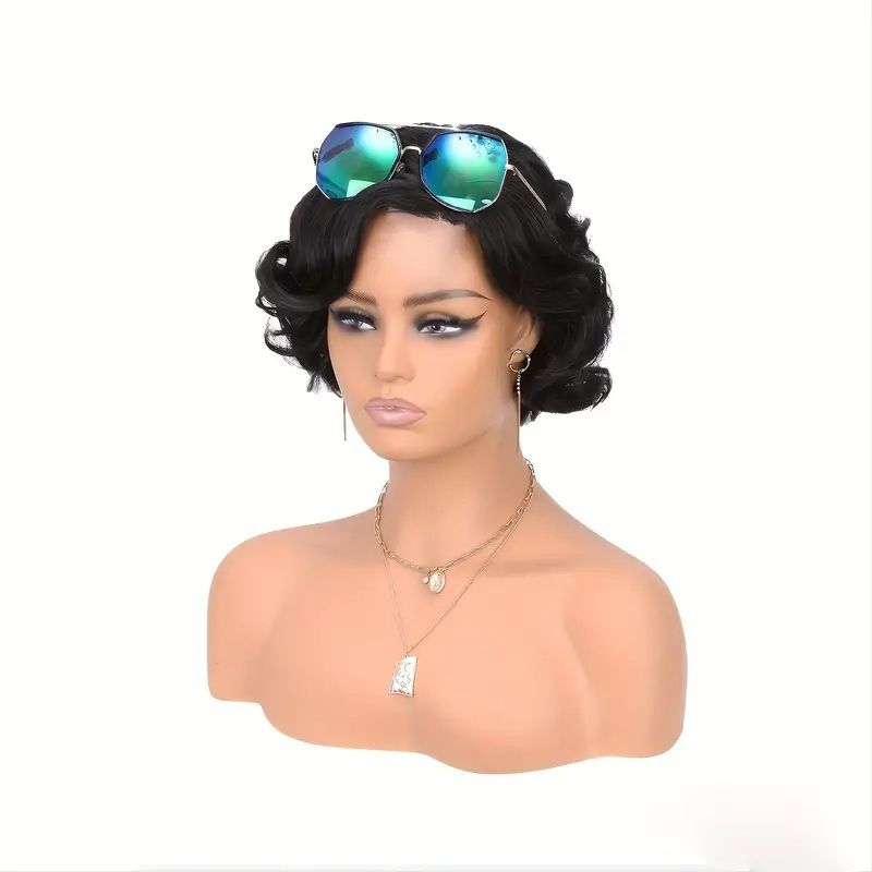 HX-M0397-European and American lace women's wig, black rose mesh high-temperature silk fluffy synthetic fiber big wave short curly hair cover