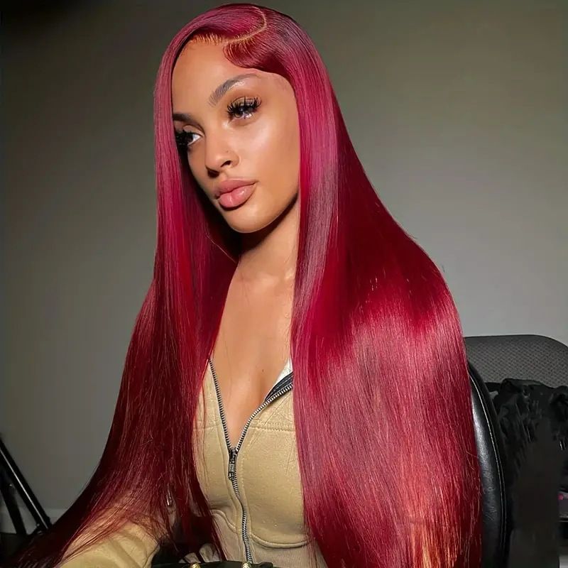 HX-M1415-Hot selling lace European and American women's daily natural wine red long straight hair synthetic headband wig