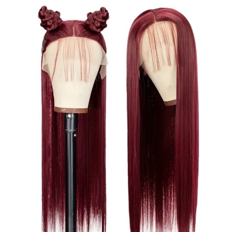 HX-M1415-Hot selling lace European and American women's daily natural wine red long straight hair synthetic headband wig