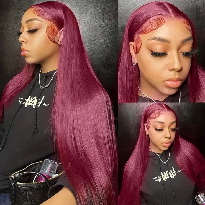 HX-M1415-Hot selling lace European and American women's daily natural wine red long straight hair synthetic headband wig