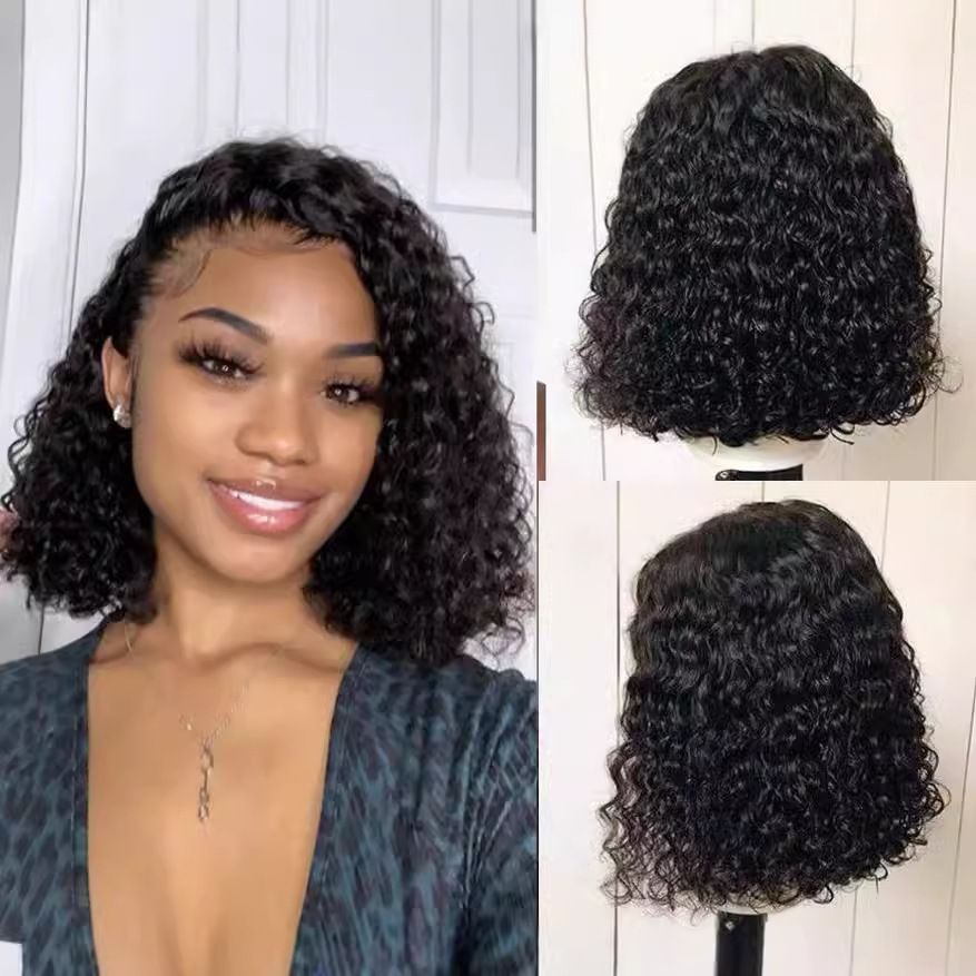 HX-M0387-European and American women's fashionable wig, synthetic fiber, front lace fluffy wig, black small curly short hair, high temperature silk headband