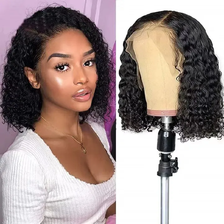HX-M0387-European and American women's fashionable wig, synthetic fiber, front lace fluffy wig, black small curly short hair, high temperature silk headband