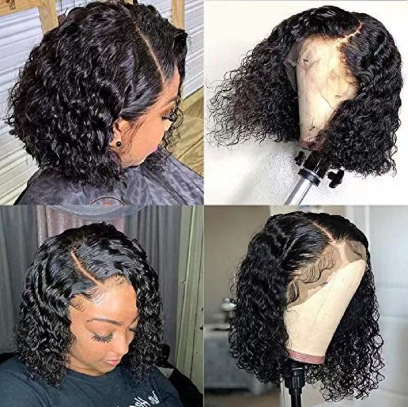 HX-M0387-European and American women's fashionable wig, synthetic fiber, front lace fluffy wig, black small curly short hair, high temperature silk headband