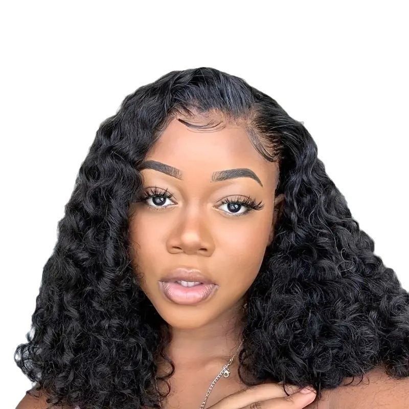 HXDJF-M1527-Front lace split black hand wrapped small curly short hair European and American women's fashionable synthetic headband wig