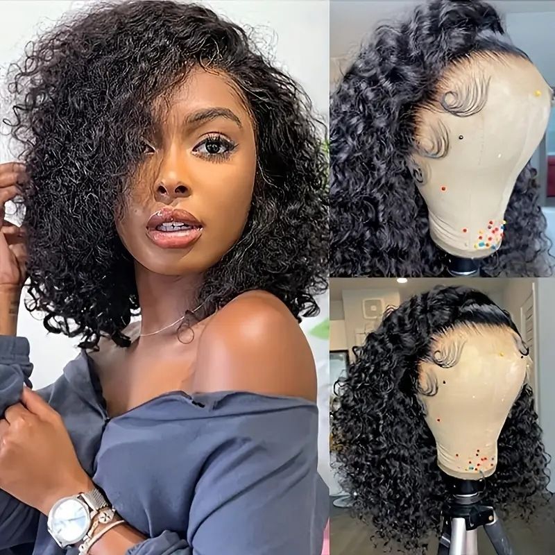 HXDJF-M1527-Front lace split black hand wrapped small curly short hair European and American women's fashionable synthetic headband wig