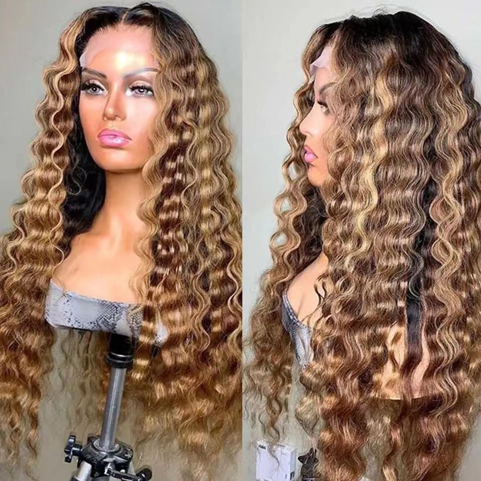 HXCJF-M0429-Front lace European and American wig, women's long curly hair, small curly hair, wavy curls, mixed color synthetic headband