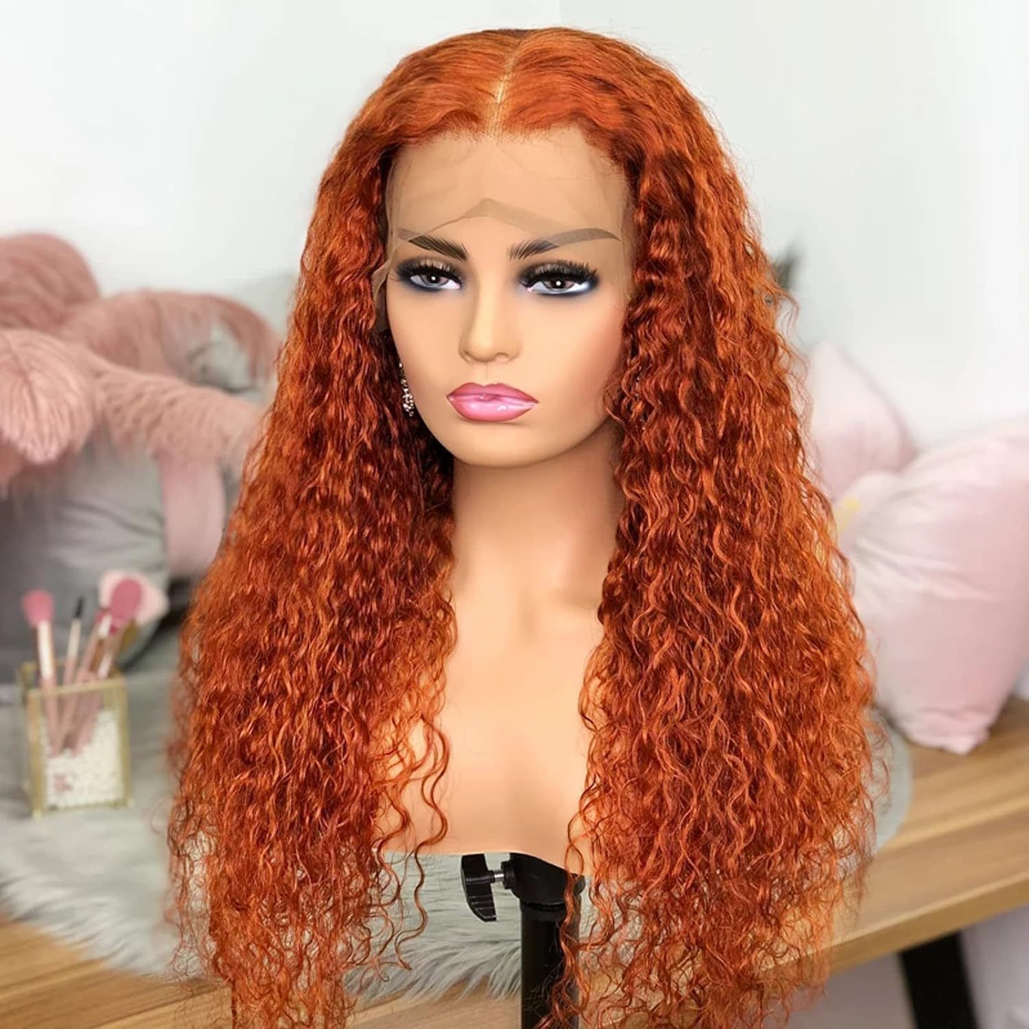 HXCJF-M1721-New wig for women in Europe and America, front lace synthetic wig headband, orange split long curly hair, small curly hair