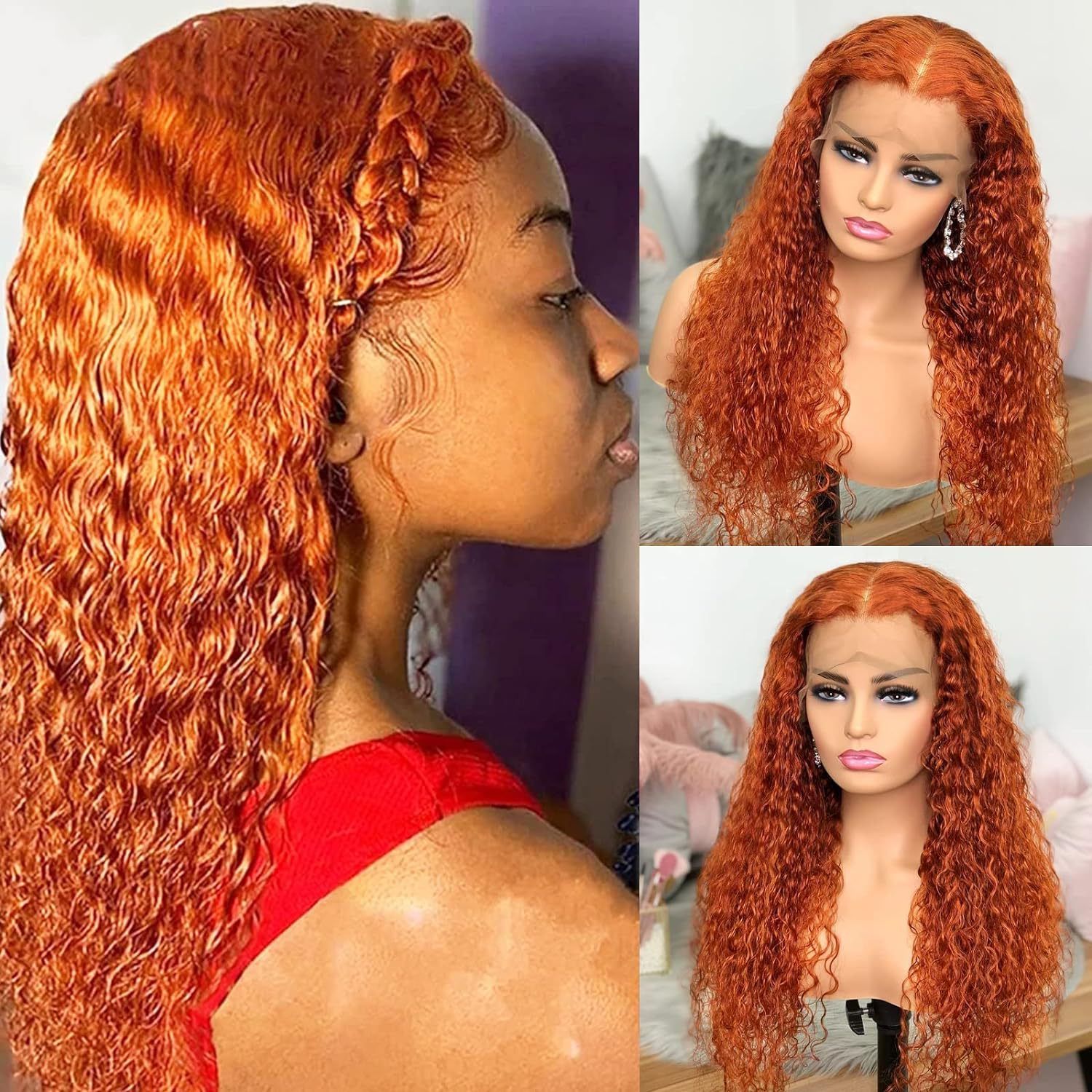 HXCJF-M1721-New wig for women in Europe and America, front lace synthetic wig headband, orange split long curly hair, small curly hair