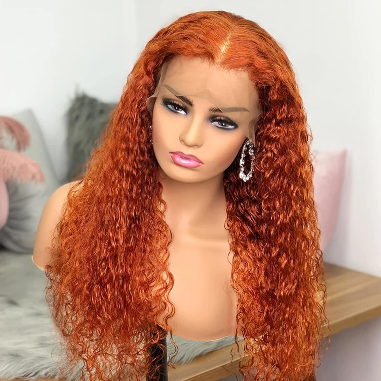 HXCJF-M1721-New wig for women in Europe and America, front lace synthetic wig headband, orange split long curly hair, small curly hair