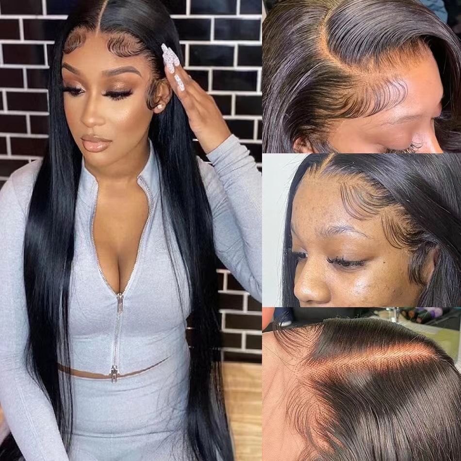 HXCZF-M0508-European and American women's wig new black mid split long straight hair, 13 * 4 front lace synthetic headband