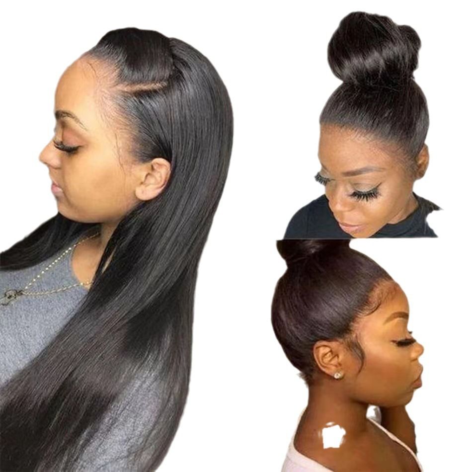 HXCZF-M0508-European and American women's wig new black mid split long straight hair, 13 * 4 front lace synthetic headband