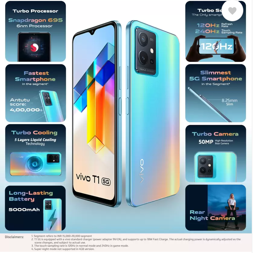 Refurbished Vivo T1  5G Snapdragon Dual SIM 5000 mAh 8gb+256gb 5G phone