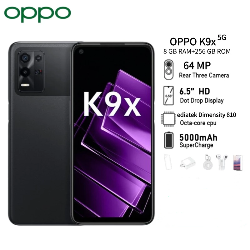 Refurbished Original Oppo K9X 5G Mobile Phone Dimensity 810 Octa 8GB+ 128GB/256GB 6.49" 90HZ 64.0MP Fingerprint Face ID OTA