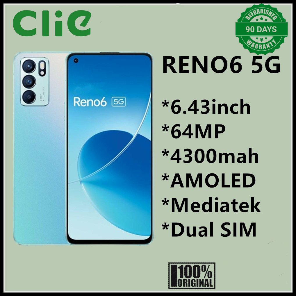 Refurbished Original OPPO Reno 6 5G Mobile Phone 6.43" AMOLED 90Hz MT6877 64MP Rear Camera 4300mAh Android 11 Bulk Used Phones