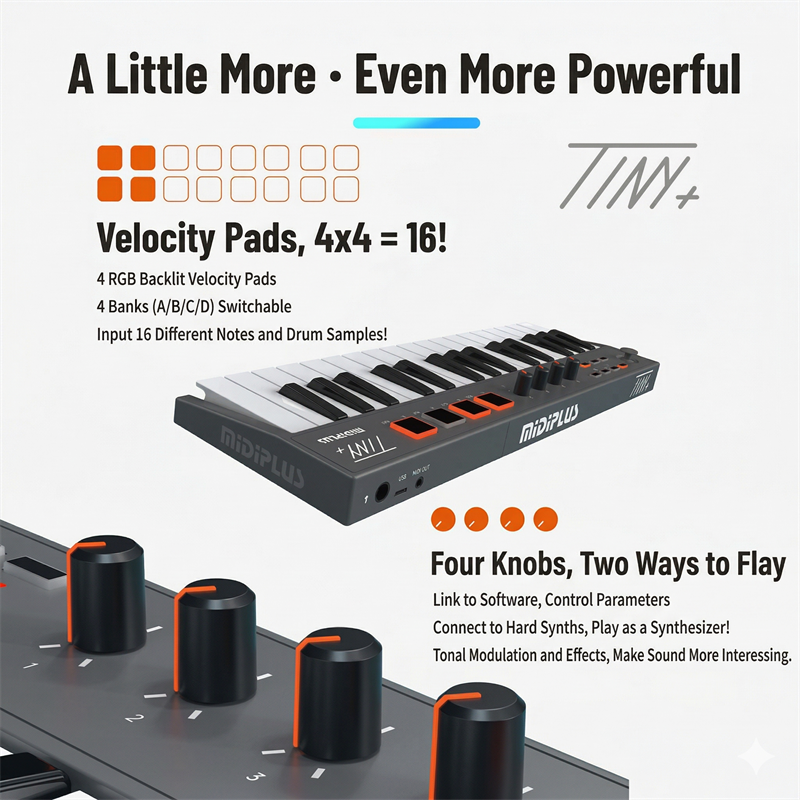 MiDiPLUS TINY + mini MIDI keyboard 32 velocity sensitive keys Support wireless/USB connection portable sequencer
