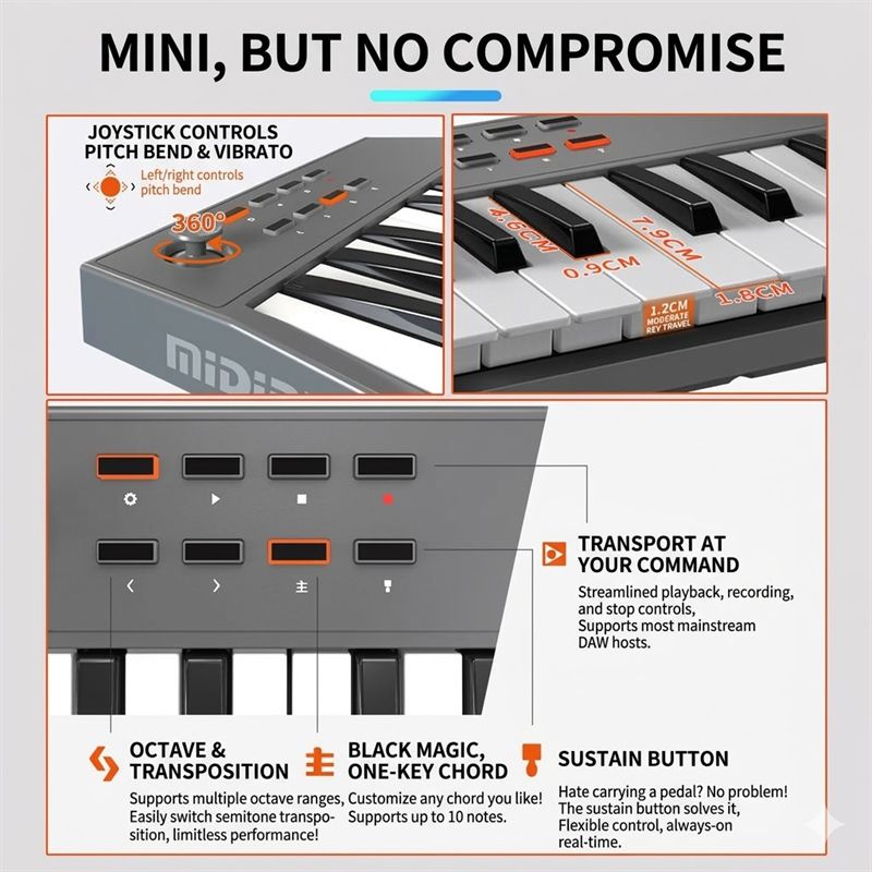 MiDiPLUS TINY + mini MIDI keyboard 32 velocity sensitive keys Support wireless/USB connection portable sequencer