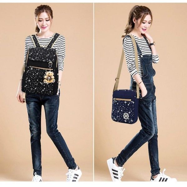 Three-Piece Preppy Cotton Canvas Travel Backpack For Student Books