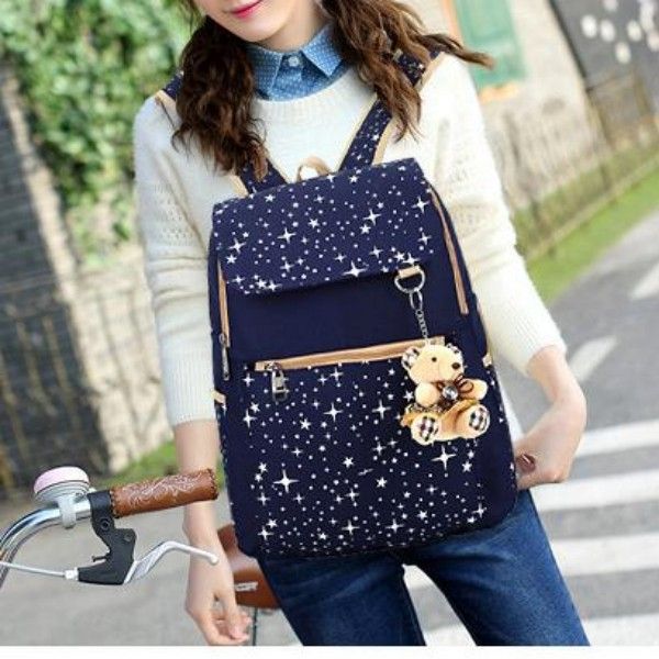 Three-Piece Preppy Cotton Canvas Travel Backpack For Student Books