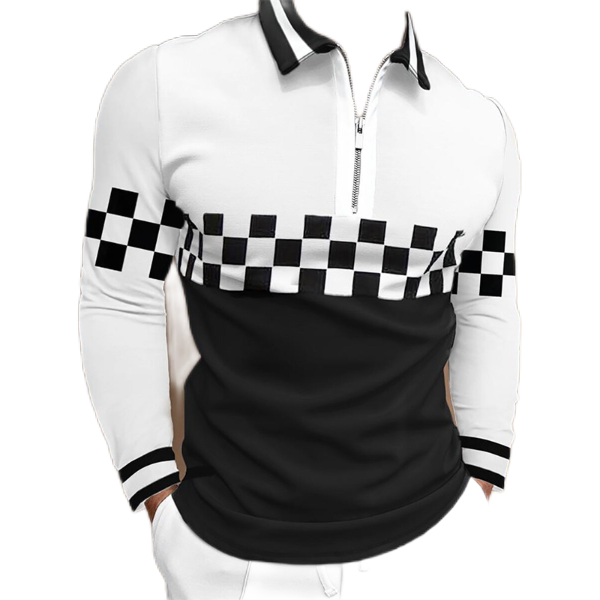 Autumn Casual Polo Shirt Men Fashion Print Black White Plaid Pattern Long Sleeve T-shirts & Polos