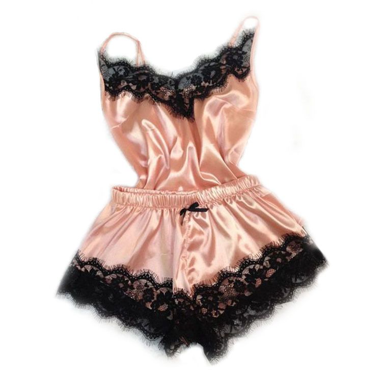 Women's Imitation Silk Lace Halter Underwear Home Wear Two-Piece Set
