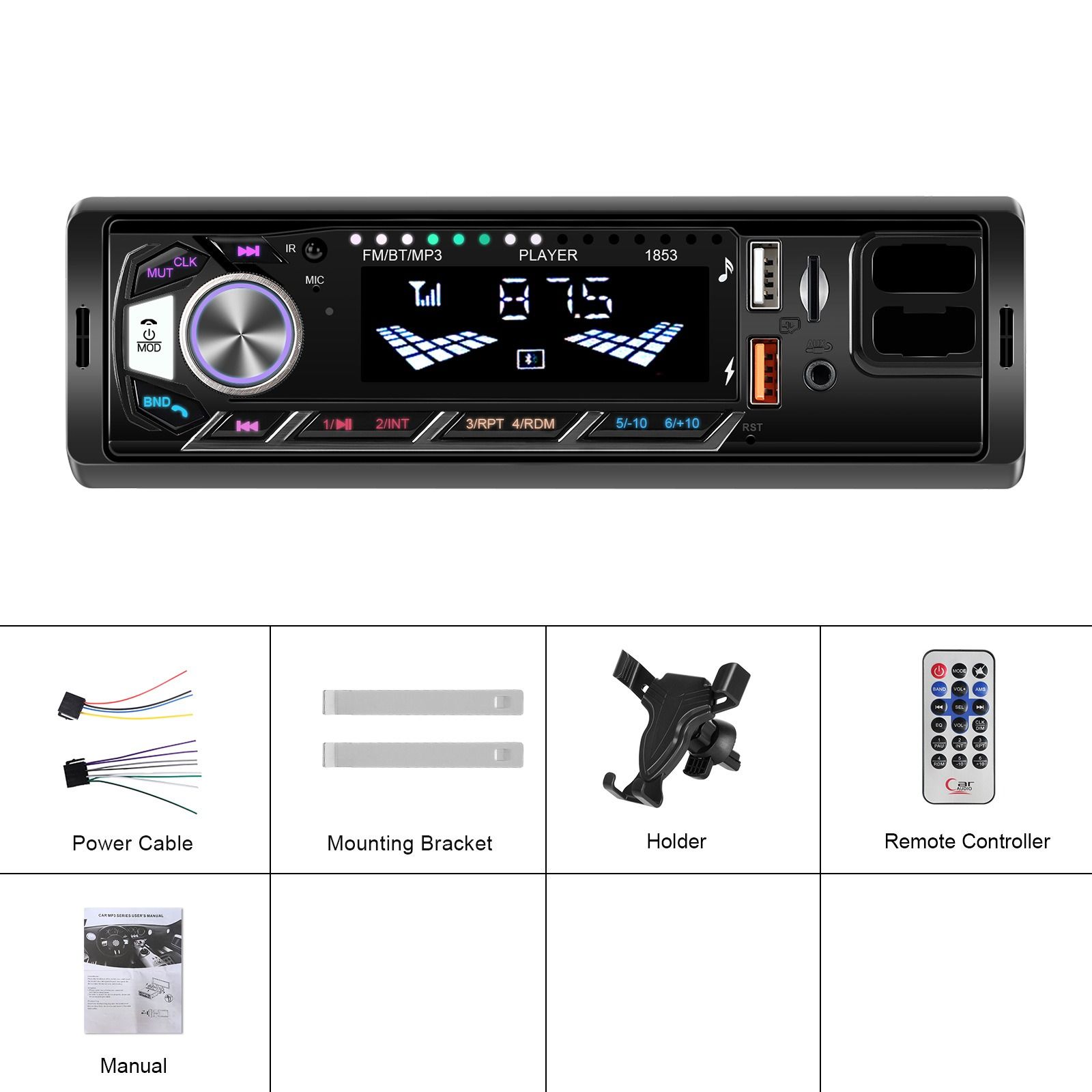 Single Din Bluetooth MP3 Car Stereo with Mobile Cradles and Remote Control, Compatible with Most Car Systems (CDC-1853)