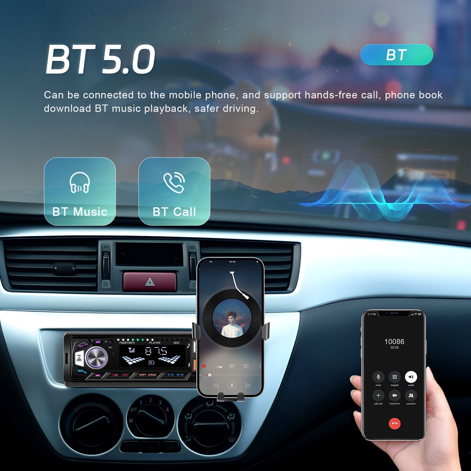 Single Din Bluetooth MP3 Car Stereo with Mobile Cradles and Remote Control, Compatible with Most Car Systems (CDC-1853)
