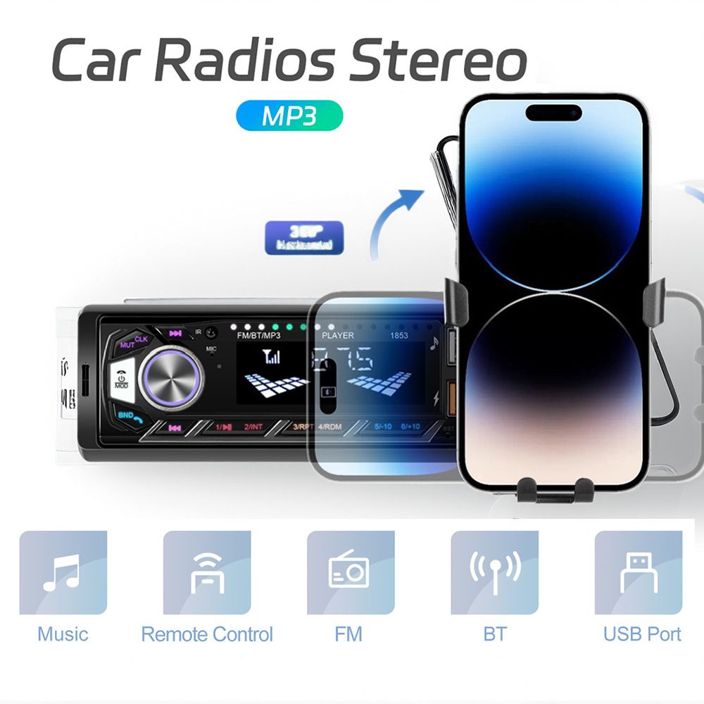 Single Din Bluetooth MP3 Car Stereo with Mobile Cradles and Remote Control, Compatible with Most Car Systems (CDC-1853)