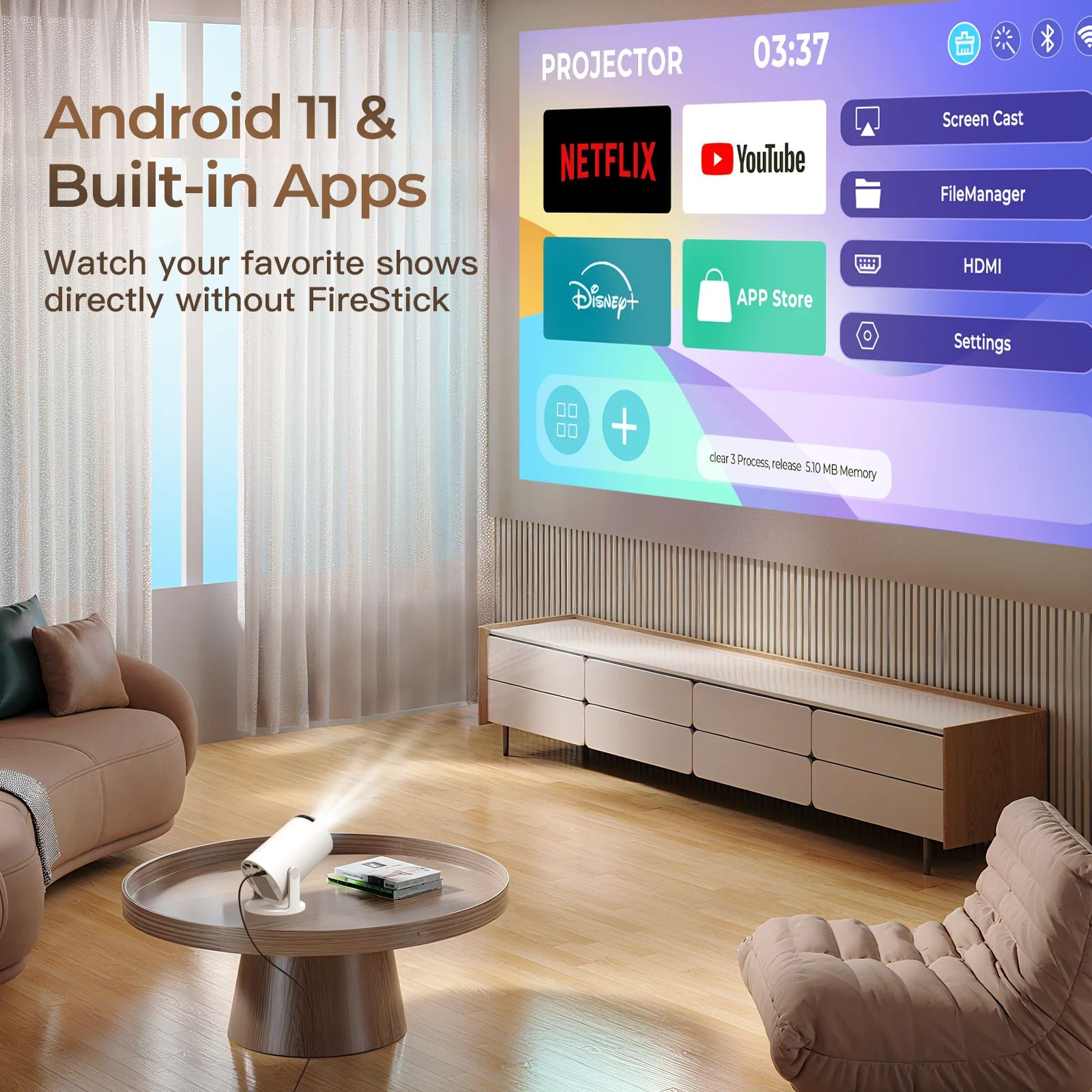 Pingxu Portable Android 11 Smart Projector - 160 ANSI HD 720P, WiFi 6, 5W Stereo Sound | Holiday Gift Idea for Home & Parties (White)