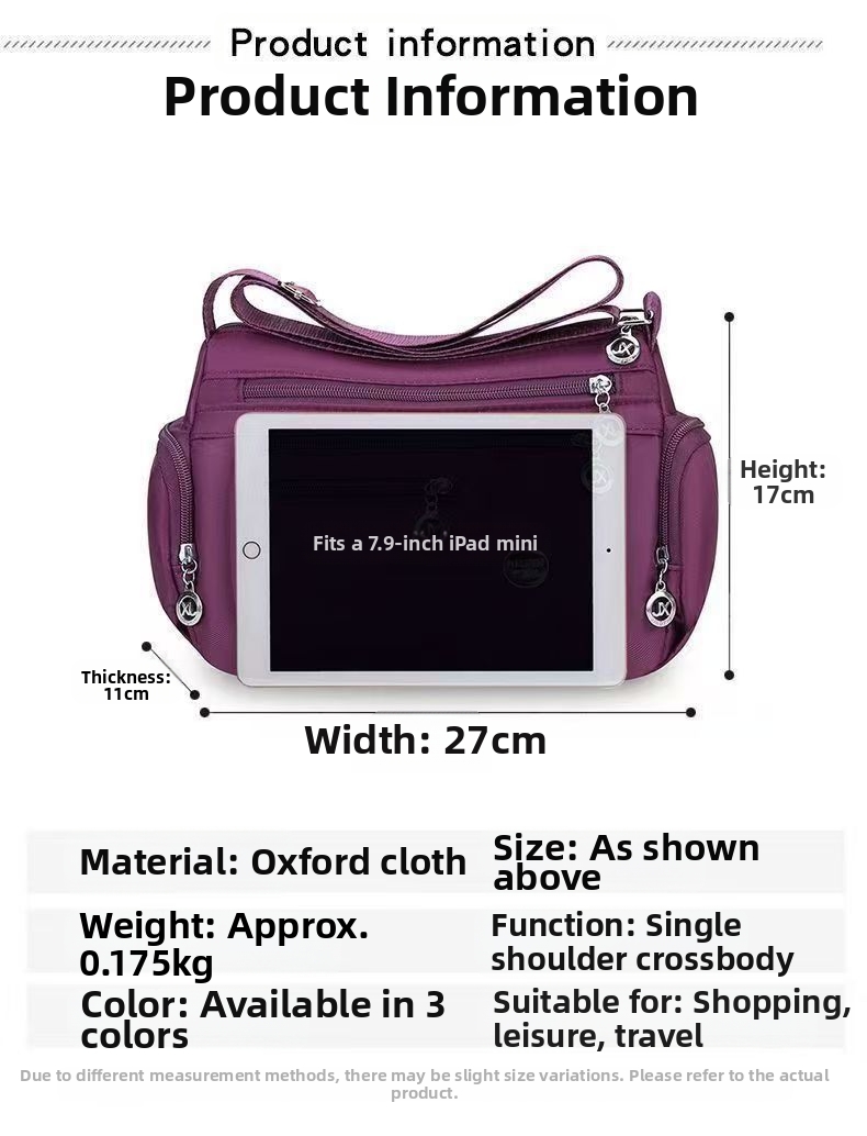 Casual Women Shoulder Messenger Bag Oxford Waterproof Zipper Handbags Package Female Large Capacity Travel Crossbody Bag