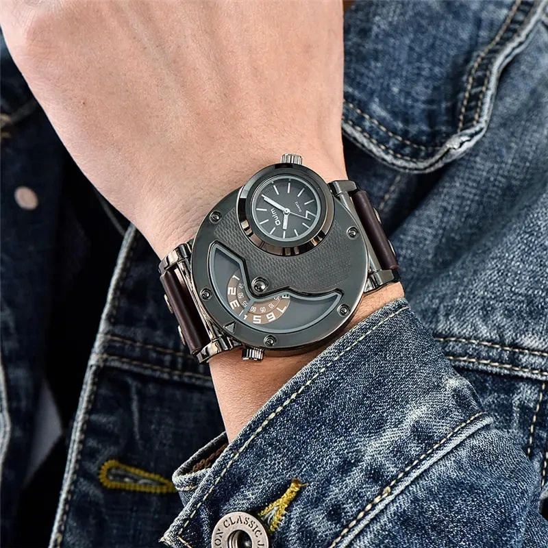 Oulm Designer Brand Luxury Watches For Men Dual Time Quartz Watch Casual Man Leather Watch Sport Male Clock relogio masculino