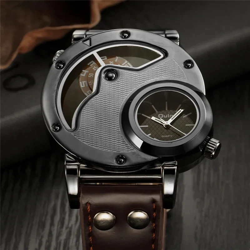 Oulm Designer Brand Luxury Watches For Men Dual Time Quartz Watch Casual Man Leather Watch Sport Male Clock relogio masculino