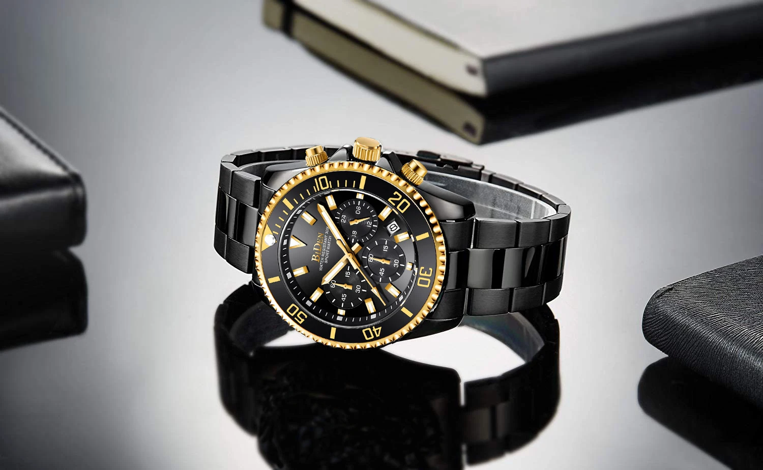 BIDEN Brand Mens Chronograph Stainless Steel Strap Waterproof Date Quartz Movement Watch Business Casual Wrist Watches Luxury Gift
