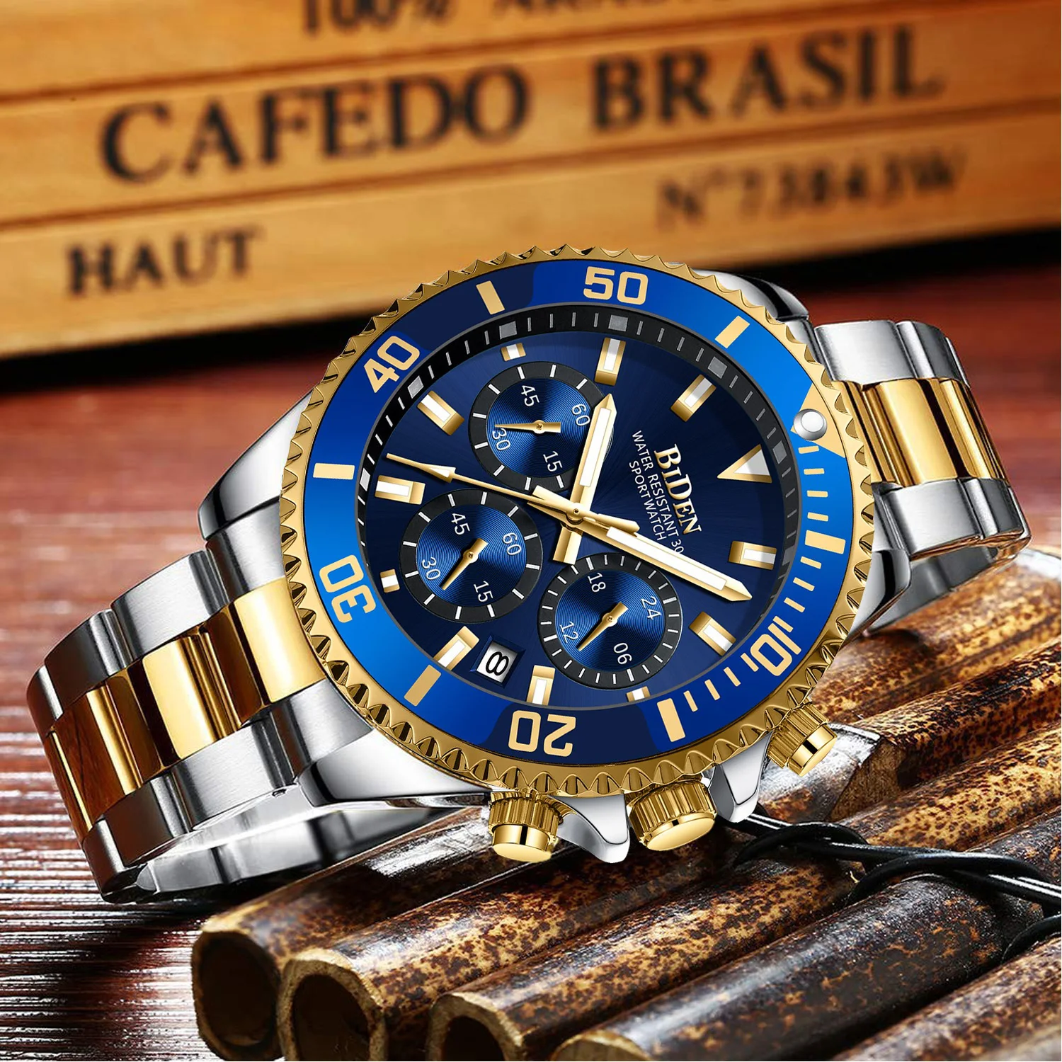 BIDEN Brand Mens Chronograph Stainless Steel Strap Waterproof Date Quartz Movement Watch Business Casual Wrist Watches Luxury Gift